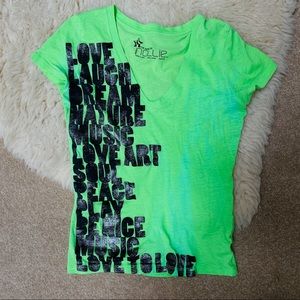 Nollie lime green black silver text graphic tee